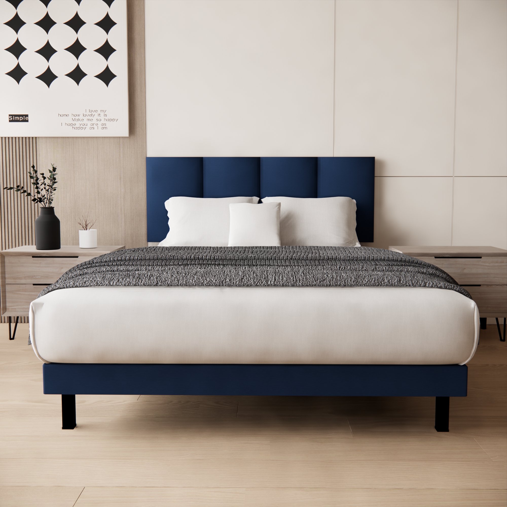 Recamara Base Cama Box Cabecera Napoles Lino Azul