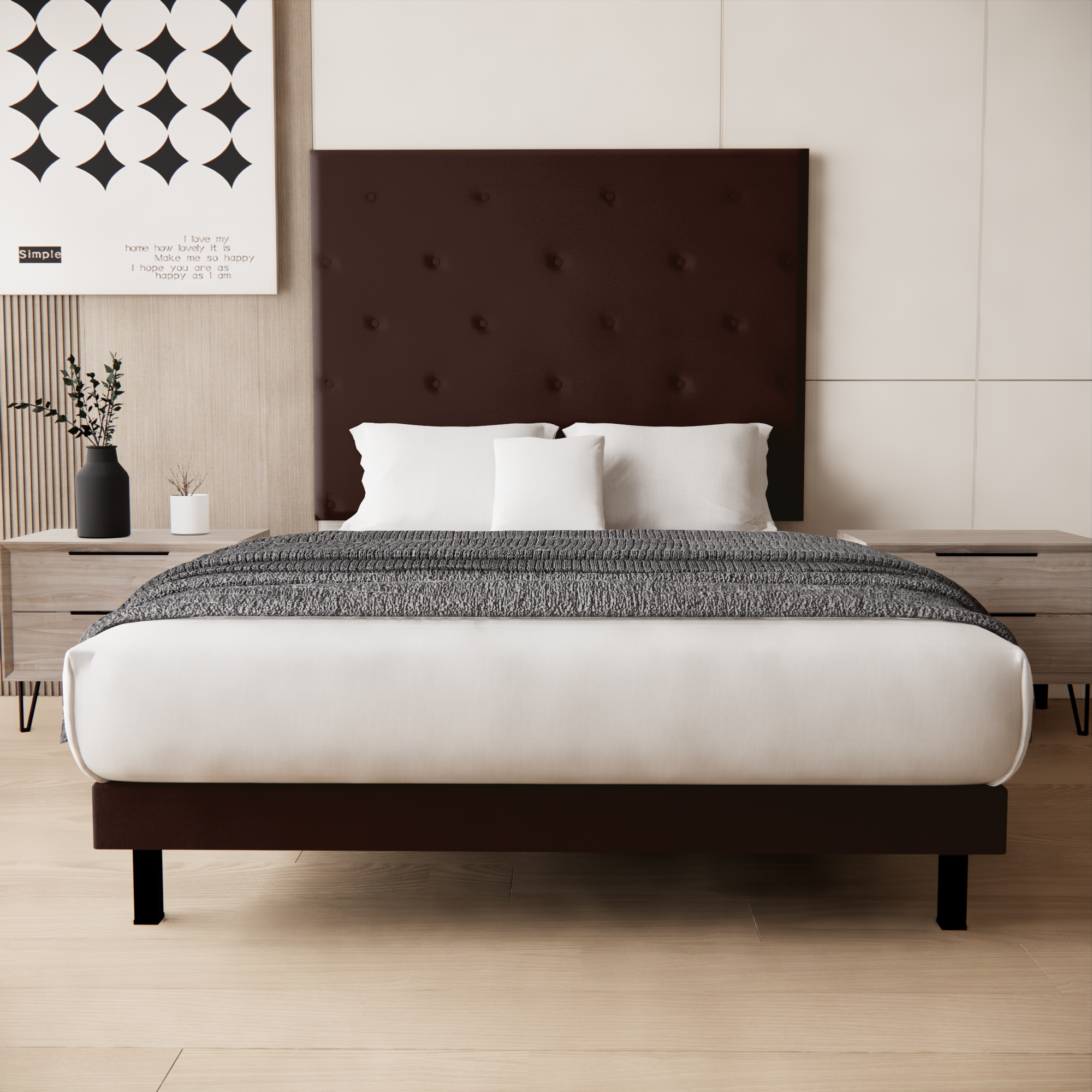 Recamara Base Cama Box Cabecera Quintana Vinil Chocolate