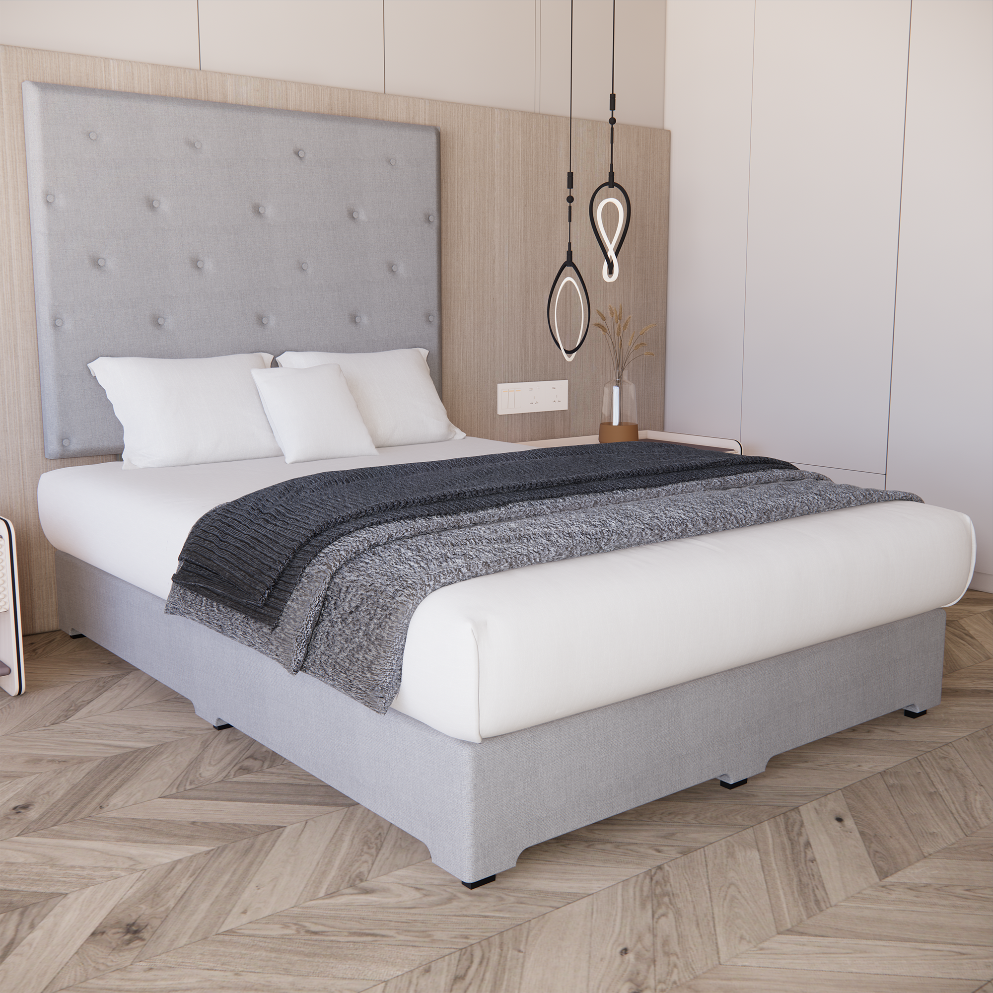 Recamara Base Cama Box Cabecera Quintana Lino Gris