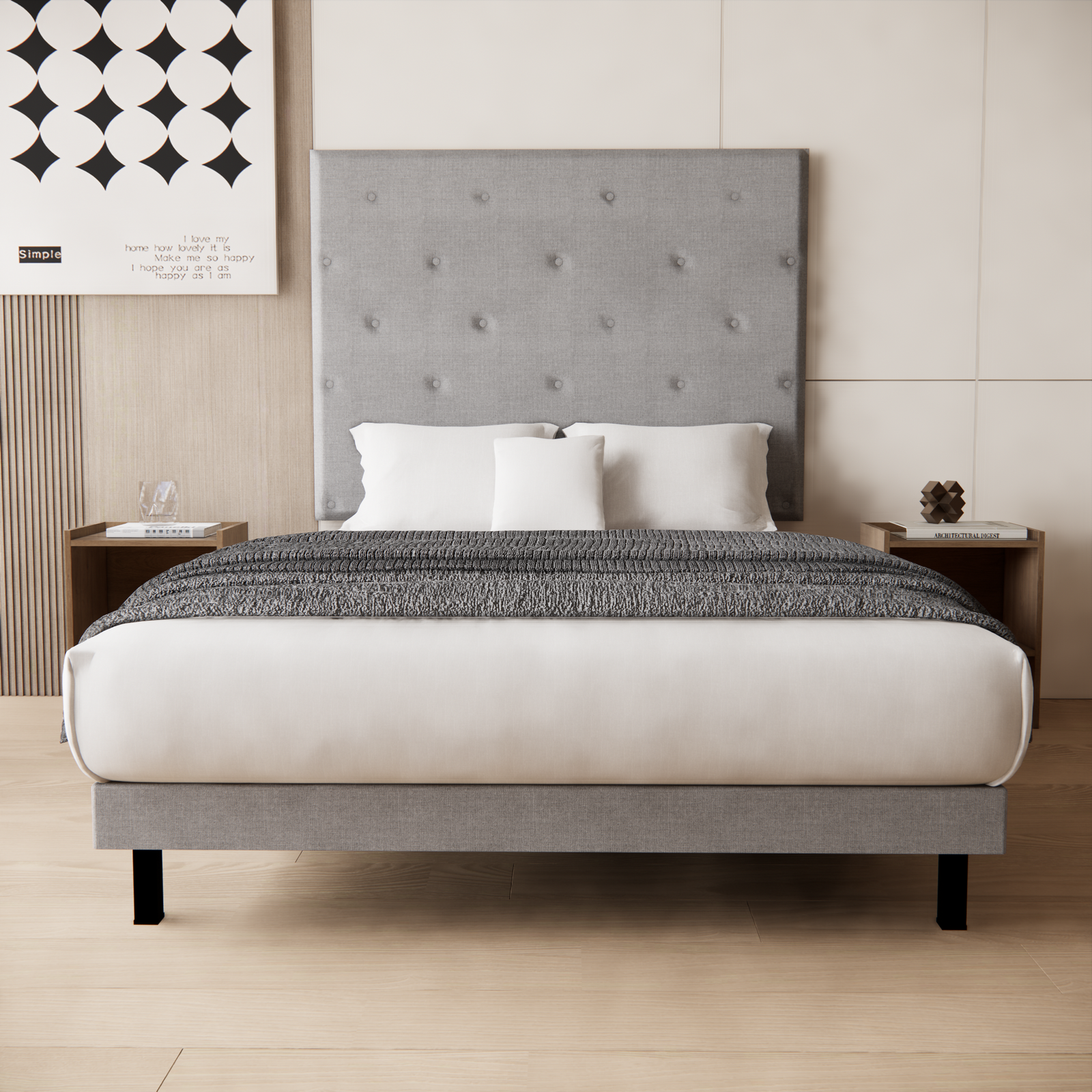 Cama y Buros Quintana Lino Gris